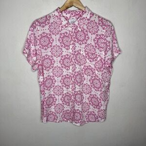Croft‎ And Barrow Pink White Floral Rayon Short Sleeve Shirt Women's Large